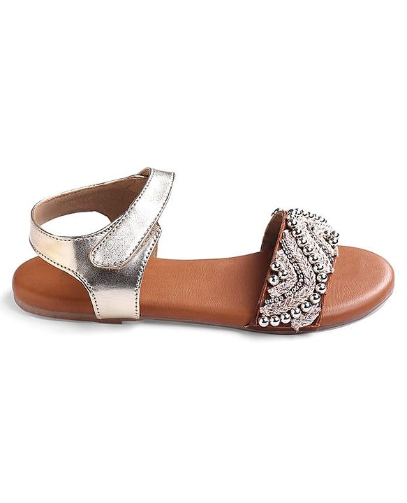 Pine Kids Velcro Closure Sandals With Lace & Beads Design - Golden