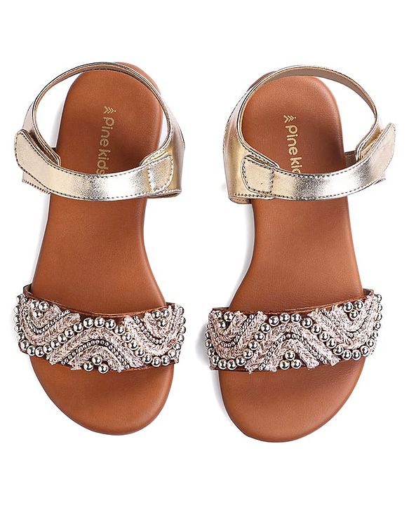 Pine Kids Velcro Closure Sandals With Lace & Beads Design - Golden