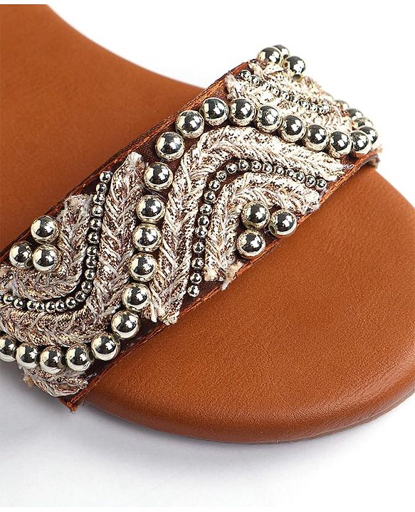 Pine Kids Velcro Closure Sandals With Lace & Beads Design - Golden