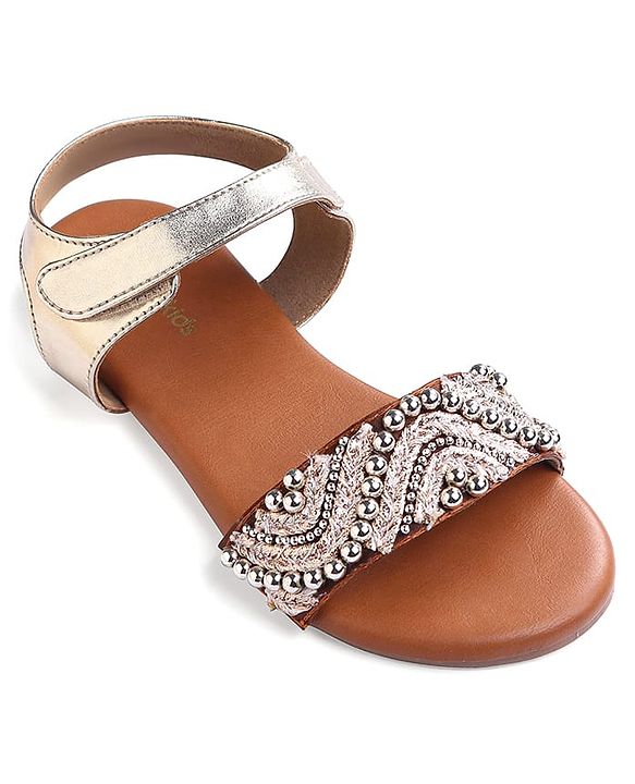 Pine Kids Velcro Closure Sandals With Lace & Beads Design - Golden