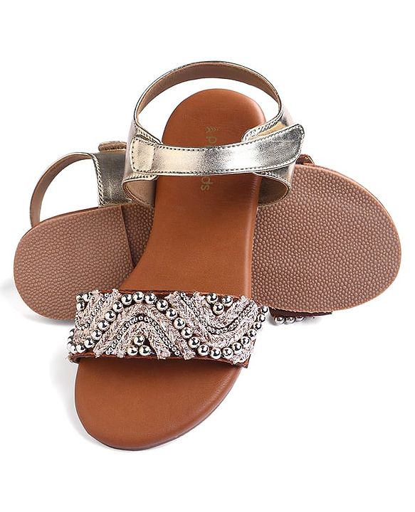 Pine Kids Velcro Closure Sandals With Lace & Beads Design - Golden