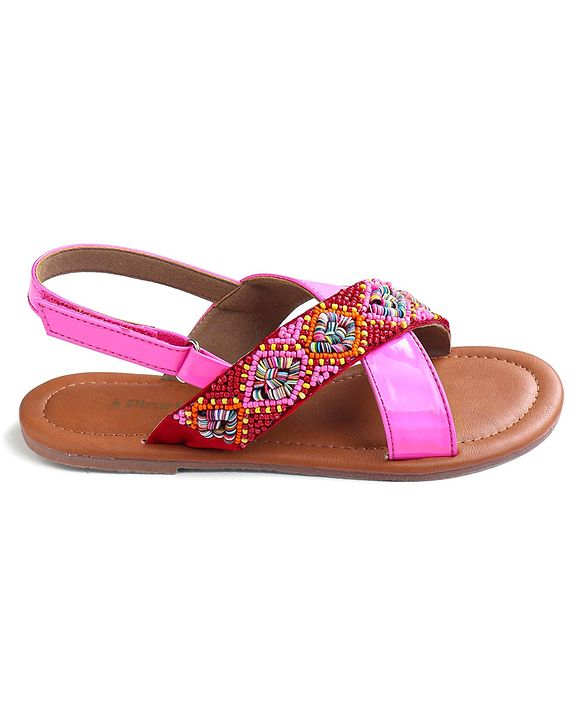 Pine Kids Velcro Closure Sandals with Beads Design - Fuchsia