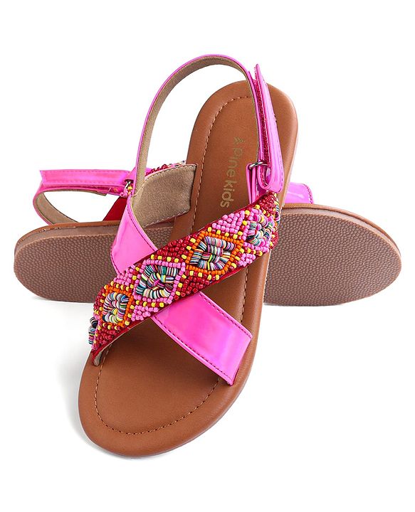 Pine Kids Velcro Closure Sandals with Beads Design - Fuchsia