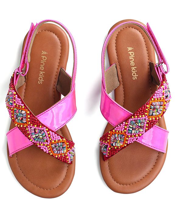 Pine Kids Velcro Closure Sandals with Beads Design - Fuchsia