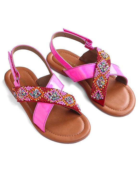 Pine Kids Velcro Closure Sandals with Beads Design - Fuchsia