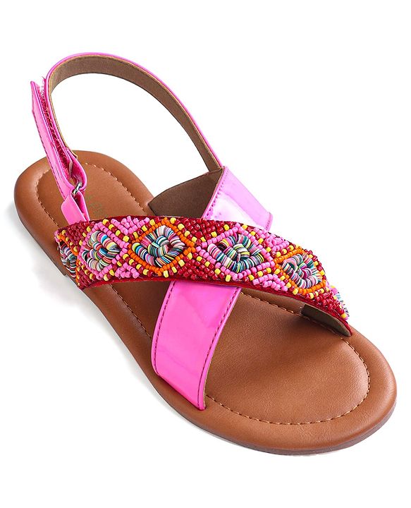 Pine Kids Velcro Closure Sandals with Beads Design - Fuchsia