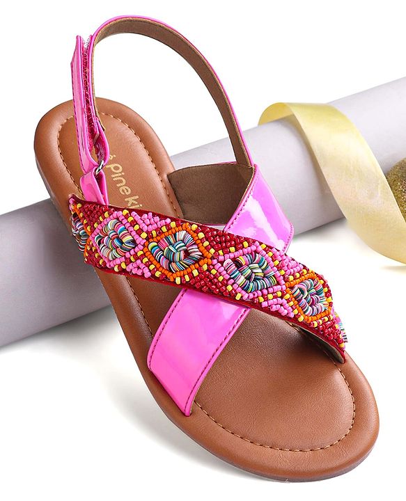 Pine Kids Velcro Closure Sandals with Beads Design - Fuchsia