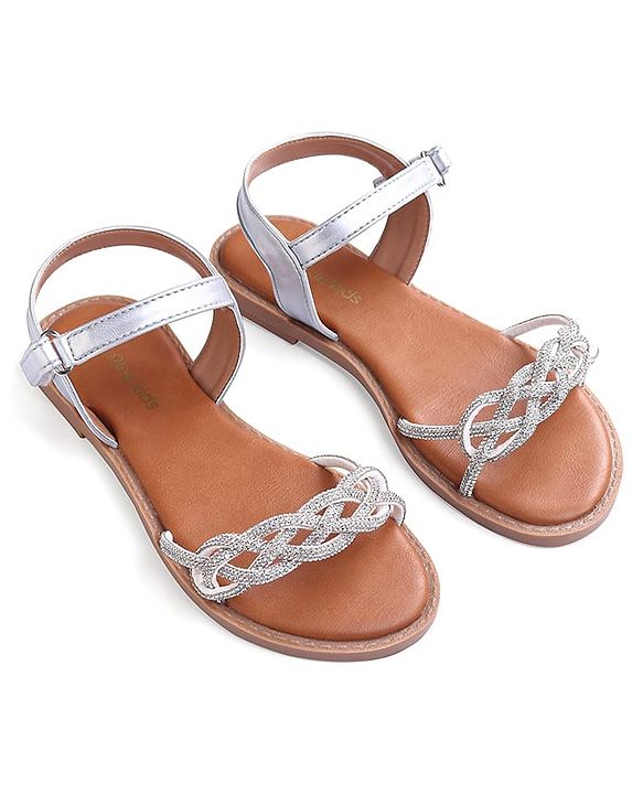Pine Kids Velcro Closure Sandals with Rhinestones Detailing - Silver