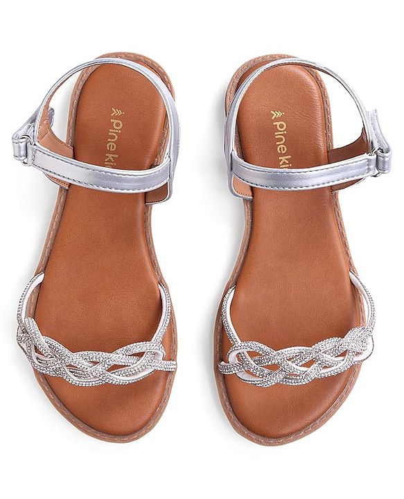 Pine Kids Velcro Closure Sandals with Rhinestones Detailing - Silver