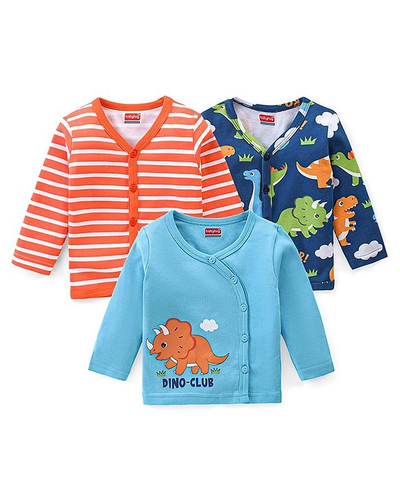Babyhug 100% Cotton Interlock Knit Full Sleeves Front Open Jhablas with Dino & Striped Print Pack of 3 - Multicolor