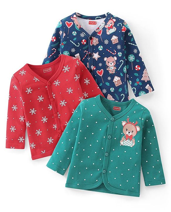 Babyhug 100% Interlock Cotton Knit Full Sleeves Front Open Vests with Polka Dots & Christmas Theme Print Pack of 3 - Navy Blue Red & Green