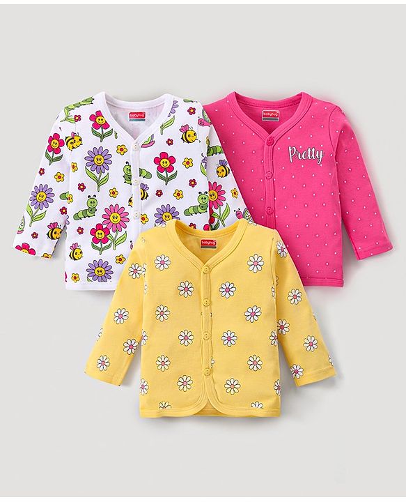 Babyhug Interlock Knit Full Sleeves Front Open Vests With Floral Print Pack of 3 - Pink White & Yellow