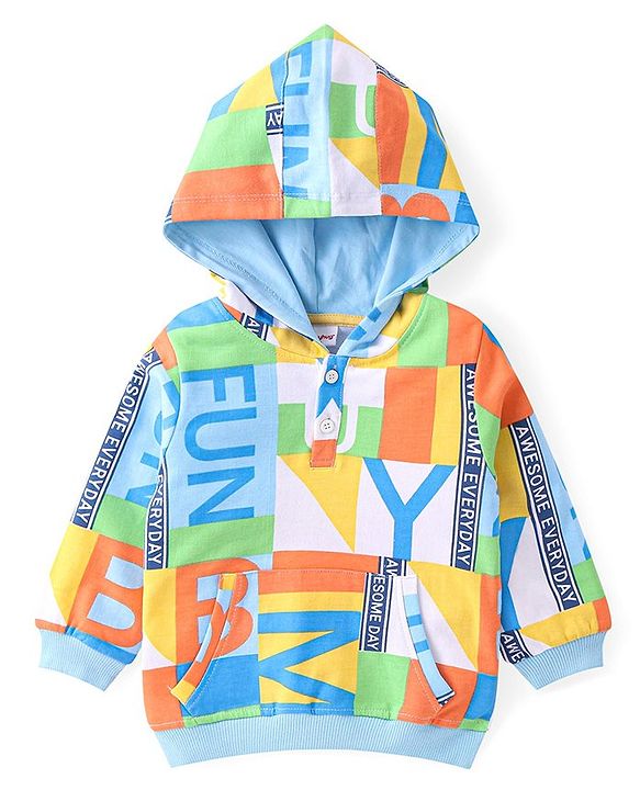 Babyhug Cotton Knit Full Sleeves Hooded Sweatshirt with Colour Block Design & Text Print - Multicolour