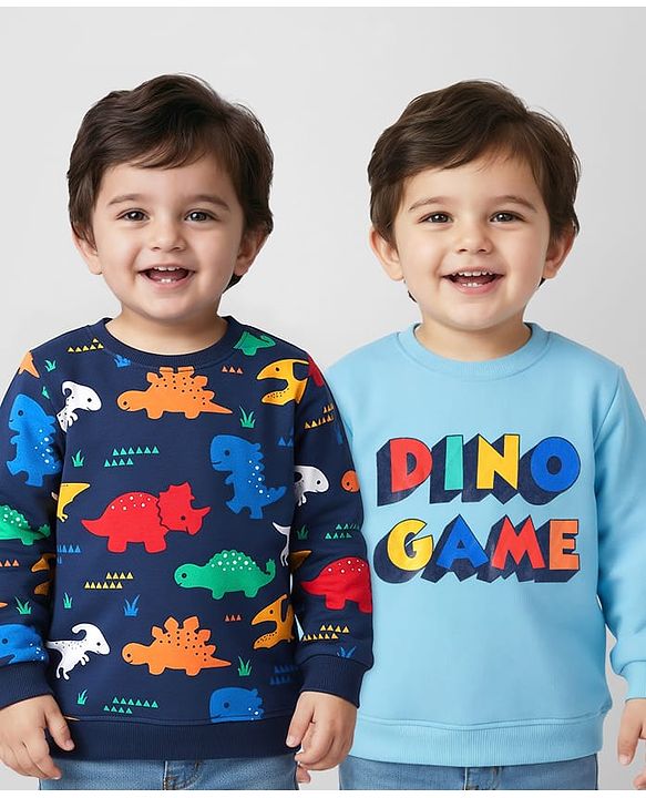 Babyhug Cotton Knit Full Sleeves Sweatshirts with Dino Graphics Pack of 2 - Blue