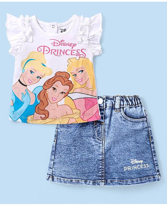 Babyhug Single Jersey Knit Frill Sleeves Top & Denim Skirt Set With Disney Princess Graphics - White & Blue