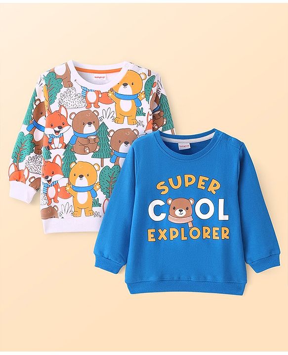 Babyhug Cotton Knit Sweatshirts With Text & Bear Print Pack of 2 - White & Blue