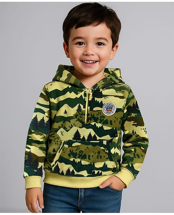 Babyhug Cotton Knit Full Sleeves Hooded Sweatshirt with Camouflage Design & Patch Detailing - Dark Green