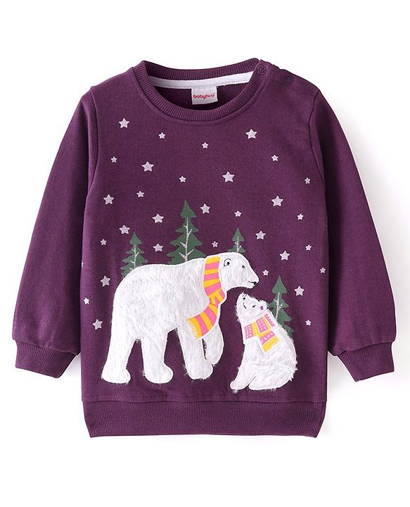 Babyhug Cotton Knit Full Sleeves Sweatshirts With Snow Bear Design - Purple
