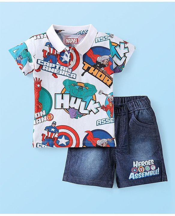 Babyhug Marvel Single Jersey Knit Half Sleeves Polo T-Shirt & Denim Shorts Set With Avengers Print - White & Blue