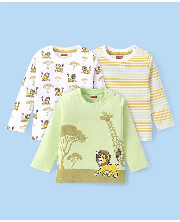 Babyhug Cotton Knit Full Sleeves T-Shirts with Striped Lion & Giraffe Print Pack of 3 - Green & White