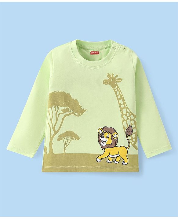Babyhug Cotton Knit Full Sleeves T-Shirts with Striped Lion & Giraffe Print Pack of 3 - Green & White