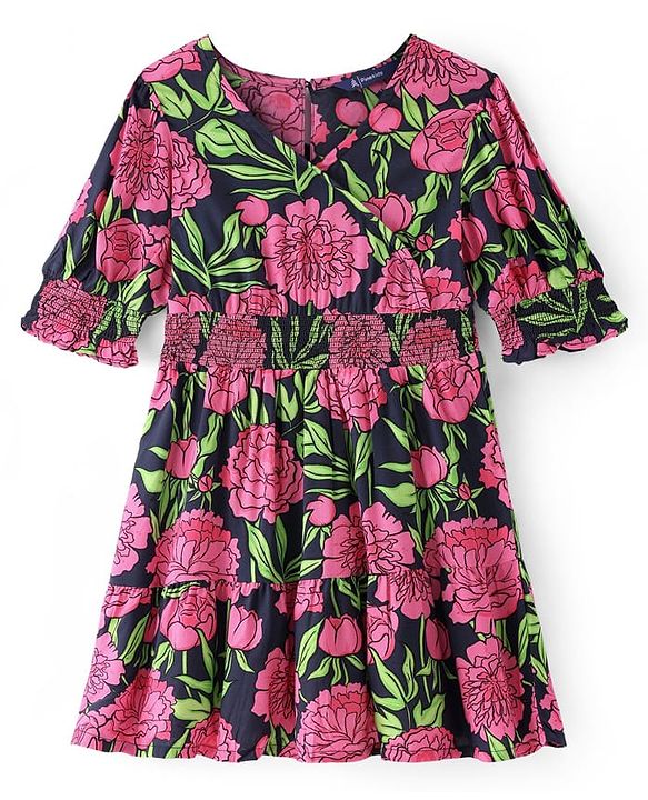 Pine Kids Viscose Woven Full Sleeves Frock with Floral Print & Smocking Detailing- Blue