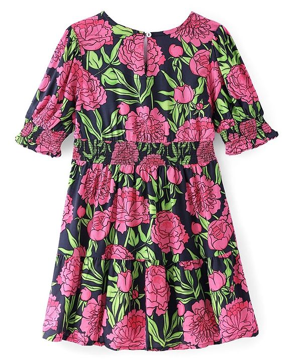 Pine Kids Viscose Woven Full Sleeves Frock with Floral Print & Smocking Detailing- Blue