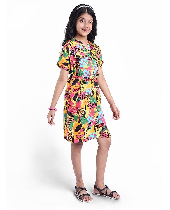 Pine Kids Viscose Woven Half Sleeves Front Open Printed Frock - Multicolor