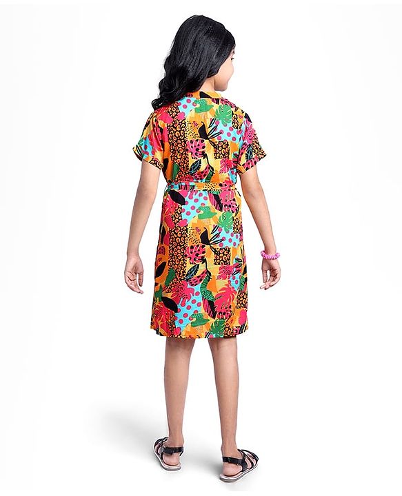 Pine Kids Viscose Woven Half Sleeves Front Open Printed Frock - Multicolor