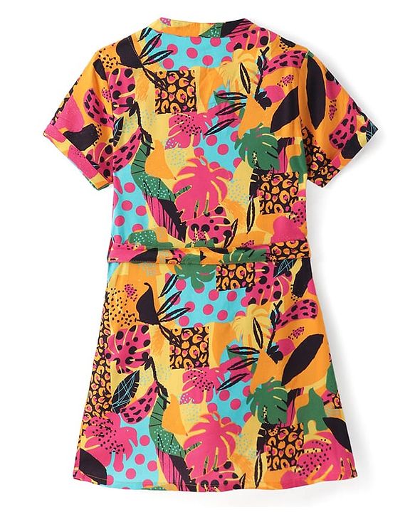Pine Kids Viscose Woven Half Sleeves Front Open Printed Frock - Multicolor