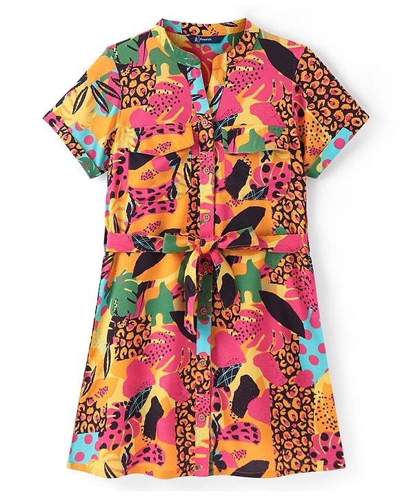 Pine Kids Viscose Woven Half Sleeves Front Open Printed Frock - Multicolor