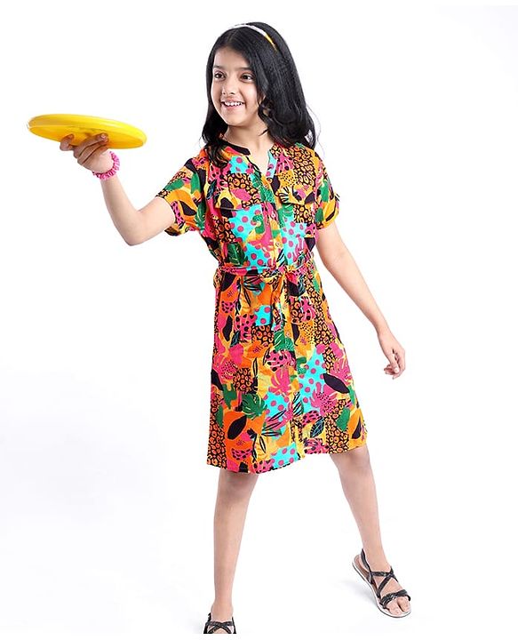Pine Kids Viscose Woven Half Sleeves Front Open Printed Frock - Multicolor