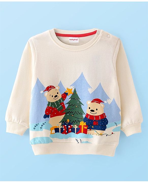 Babyhug Cotton Knit Full Sleeves Christmas Theme Print Sweatshirt - White