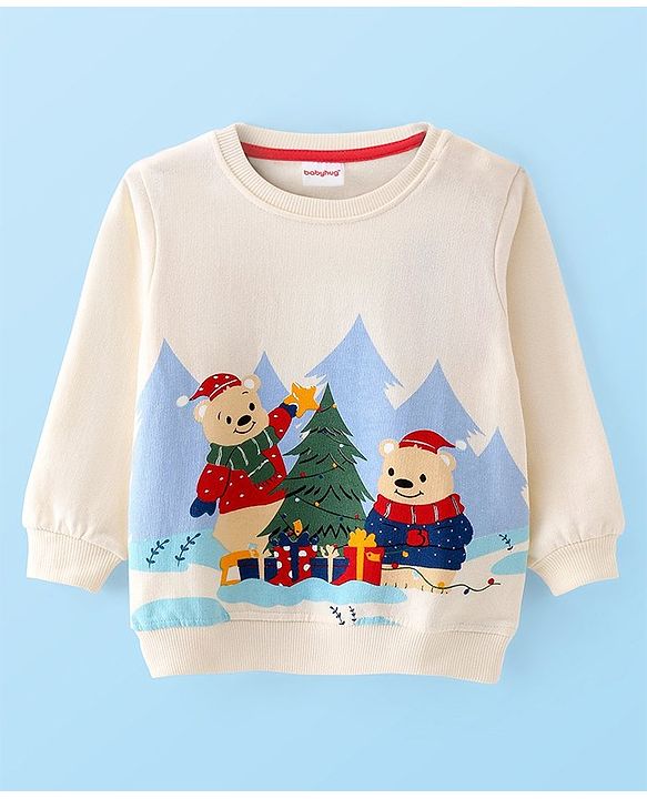 Babyhug Cotton Knit Full Sleeves Christmas Theme Print Sweatshirt - White