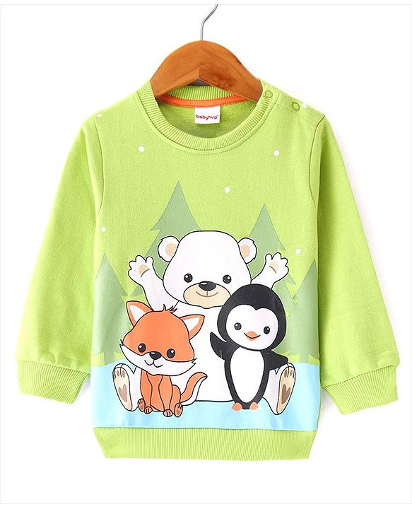 Babyhug Cotton Knit full Sleeves Pullover Sweatshirt With Animals Print - Green