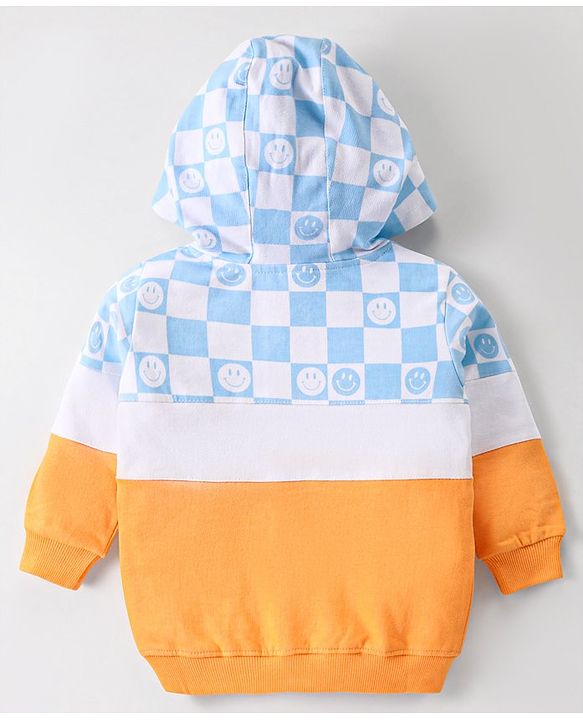 Babyhug Cotton Knit Full Sleeves Front Open Hooded Sweatjacket With Colour Block Design & Smiley Print - Multicolour
