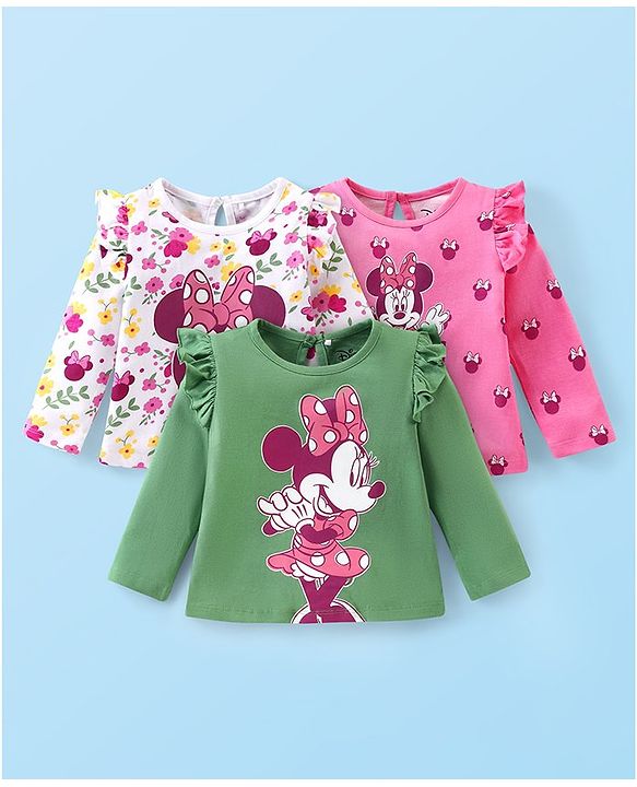 Babyhug Disney Single Jersey Frill Sleeves Top with Minnie Mouse Print Pack of 3 - Green Pink & White