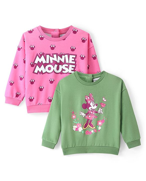 Babyhug Disney CottonTerry Full Sleeves Sweatshirt With Minnie Mouse Graphics Pack of 2 - Pink & Green