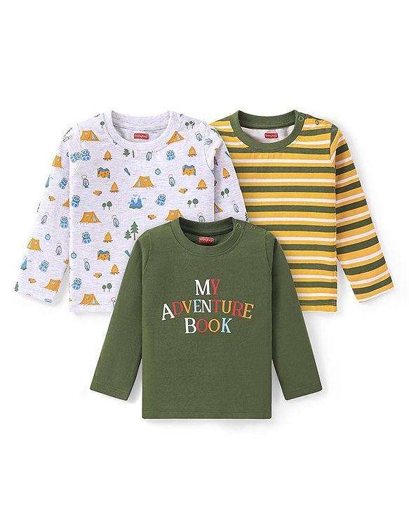Babyhug Cotton Knit Full Sleeves T-Shirts With Adventure Camping Graphics Pack of 3 - Olive Green