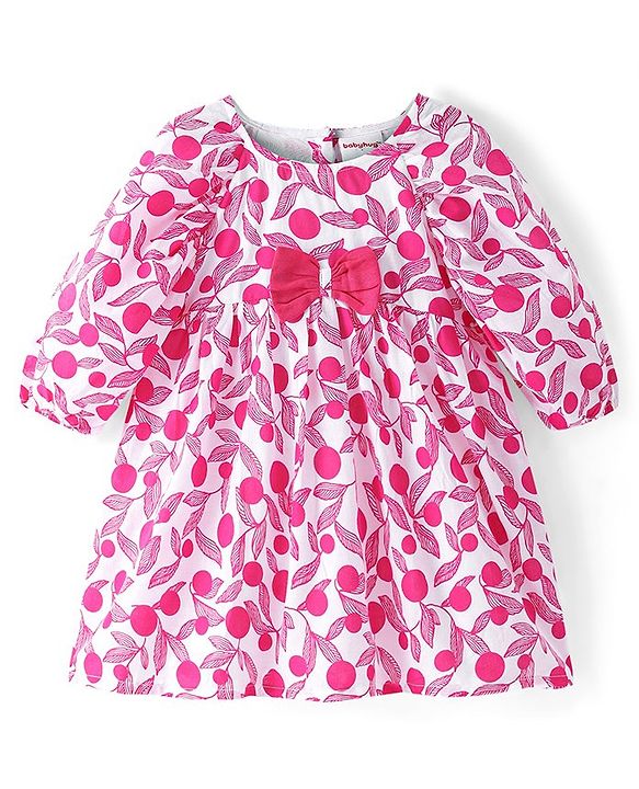 Babyhug Cotton Woven Three Fourth Sleeves Flared Frock Leaf Print & Bow Applique - White