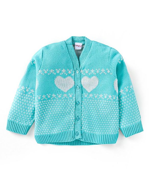 Babyhug Knitted Full Sleeves Front Open Sweater Set With Heart Design - Aqua Blue