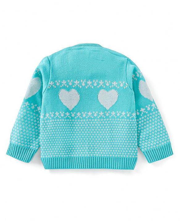 Babyhug Knitted Full Sleeves Front Open Sweater Set With Heart Design - Aqua Blue