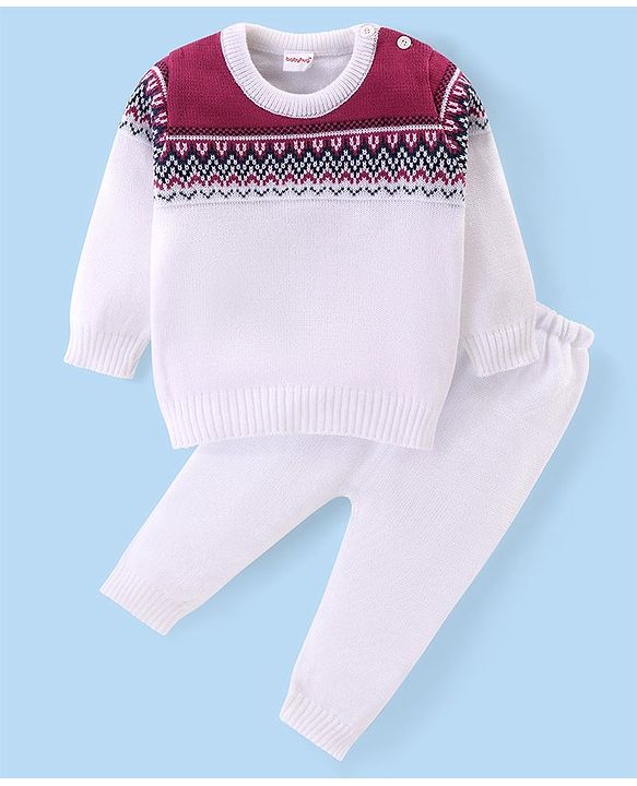 Babyhug Knitted Full Sleeves Pullover Sweater & Pant Set With Aztec Design - White