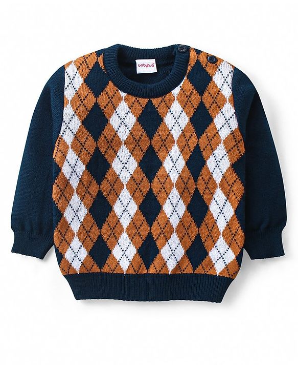 Babyhug Knitted Full Sleeves Sweater Set with Argyle Design - Navy Blue