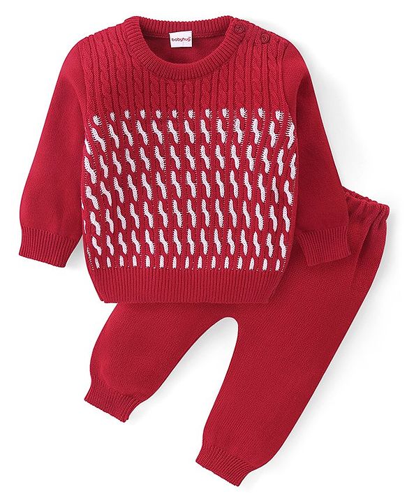 Babyhug Knitted Full Sleeves Pullover Sweater & Pant Set With Cable Knit Design - Red
