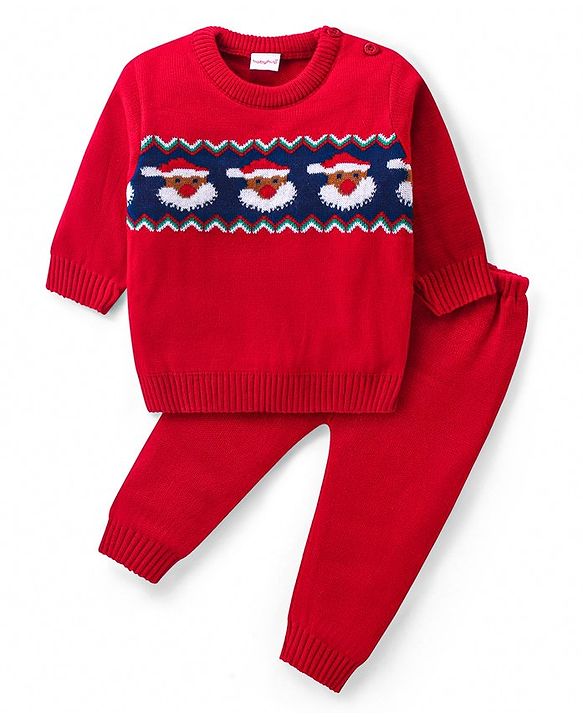 Babyhug Knitted Full Sleeves Sweater Set with Christmas Theme Design - Red