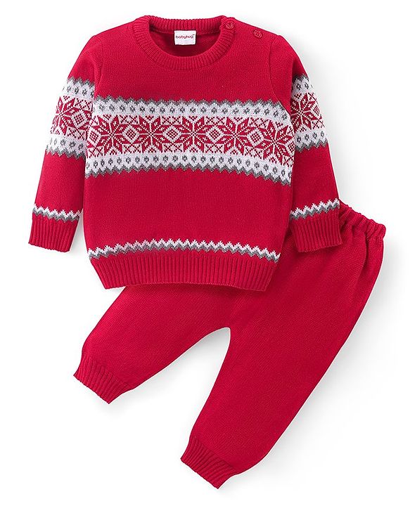 Babyhug Knitted Full Sleeves Pullover Sweater & Pant Set With Aztec Design - Red