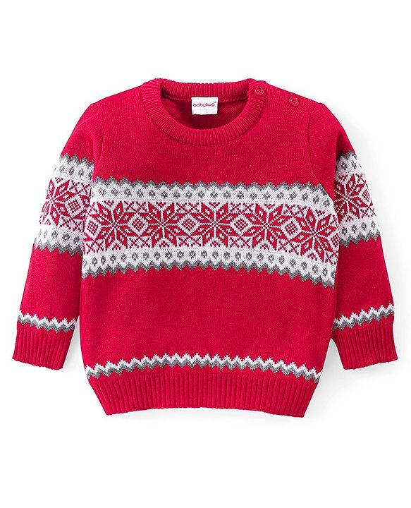 Babyhug Knitted Full Sleeves Pullover Sweater & Pant Set With Aztec Design - Red