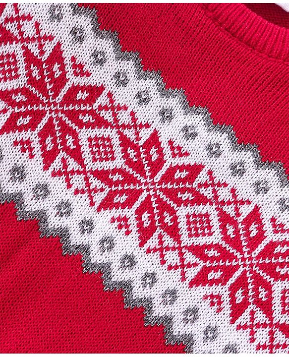 Babyhug Knitted Full Sleeves Pullover Sweater & Pant Set With Aztec Design - Red