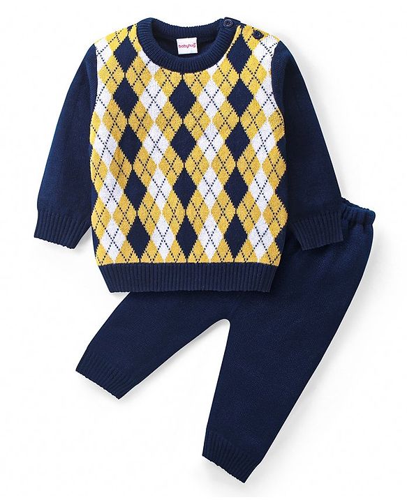 Babyhug Knitted Full Sleeves Sweater Set with Argyle Design - Navy Blue